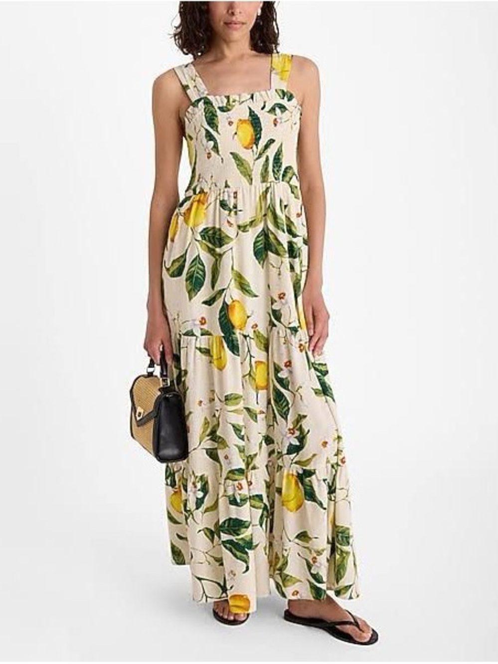 Express Cream Maxi Dress with Yellow Lemon & Green Leaf Print